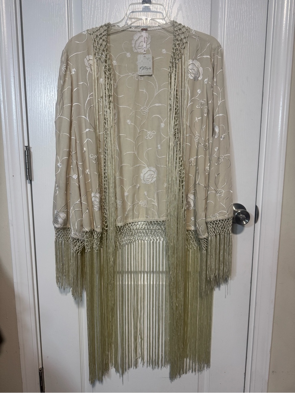 Free People Cream Floral Fringe Kimono